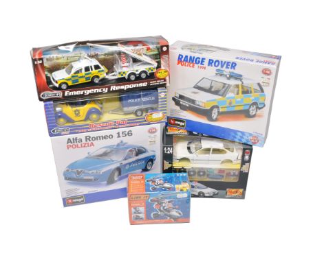 A group of boxed emergency and police-themed models including Teamsters Emergency Response and Rescue Pal sets, Bburago 1:24 