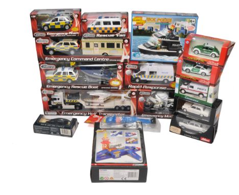 A group of die-cast police and emergency service vehicles, including Teamsterz 1:32 scale Emergency Command Centre, Emergency