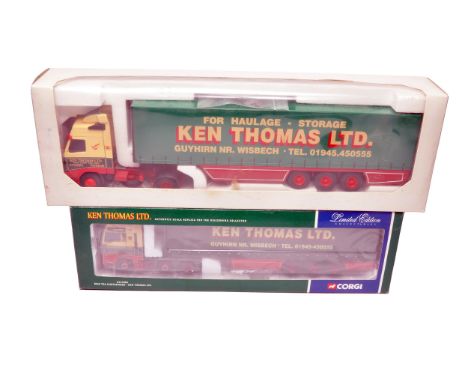 A duo of die-cast model trucks in Ken Thomas Ltd livery. Both models feature the Ken Thomas Haulage & Storage Curtain Sider T