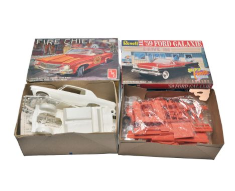 A duo of vintage 1/25 scale model car kits comprising the AMT Fire Chief and Revell '59 Ford Galaxie from the Skip’s Fiesta D