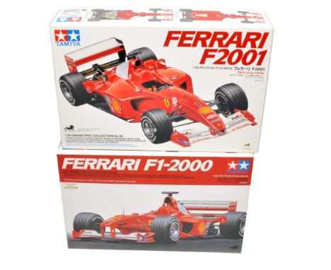 A duo of Tamiya 1:20 scale model kits, comprising Ferrari F2001 and Ferrari F1-2000. As New.