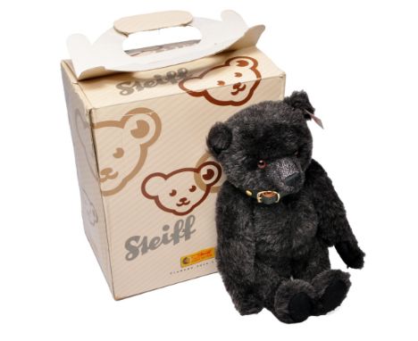 A rare black alpaca Bear 'Jack' by Steiff, produced only in 2007 with finest black mohair, green leather collar decorated wit