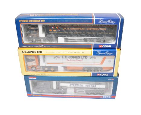 A group of 3 Corgi limited edition die-cast lorries, including Scania Topline Curtainside ‘Stephen Sanderson Ltd’ (CC12912), 