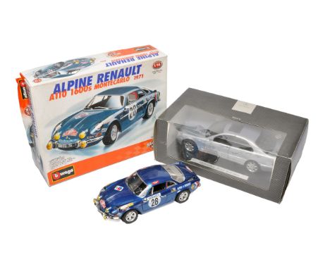 A duo of boxed die-cast model cars including a 1:16 scale Bburago Alpine Renault A110 1600S Monte Carlo 1971 and a Mercedes-B