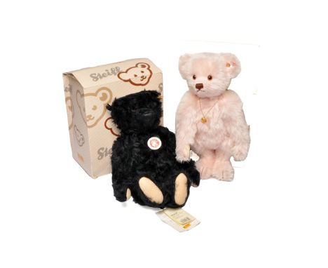 Duo of Steiff bears comprising Classic black 'Titanic teddy bear' 3509, black mohair, yellow tag, gold plated button and swin