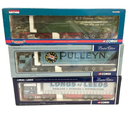 A group of three Corgi die-cast model trucks, comprising: CC13387 Volvo FH Curtainside – R.F. Fielding (Cheshire) Ltd; CC1200