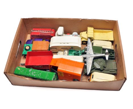 Tray of playworn Dinky Toy diecast issues plus the odd Britains Farm issue.