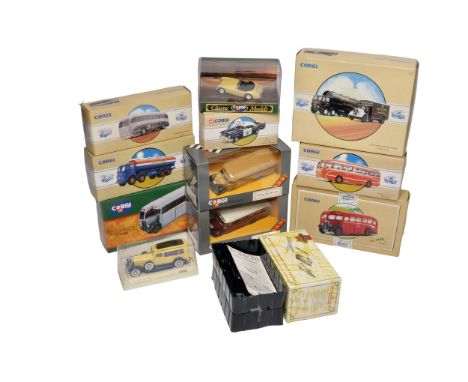 A mixed group of 14 (mostly) Corgi die-cast model vehicles, including classic coaches, trucks, and cars. Models feature liver