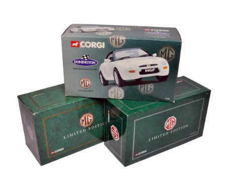 A group of 3 Corgi MG Limited Edition die-cast models, including the Donington 1995 1:18 Scale MGF and two MGF Limited Editio