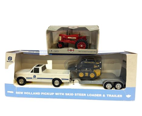 Ertl 1/32 New Holland Skid Steer Loader / Pickup and Trailer Set. Plus McCormick Farmall 350 Tractor. Excellent in boxes.