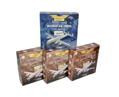 A group of 4 Corgi Aviation Archive die-cast model aircraft, including Military Air Power and Frontier Airlines series. Model