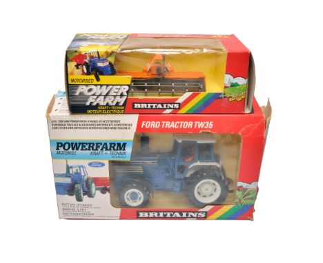 Britains 1/32 farm model issues comprising Ford TW35 Powerfarm Tractor (untested) plus Maschio Power Harrow. Boxes with notab