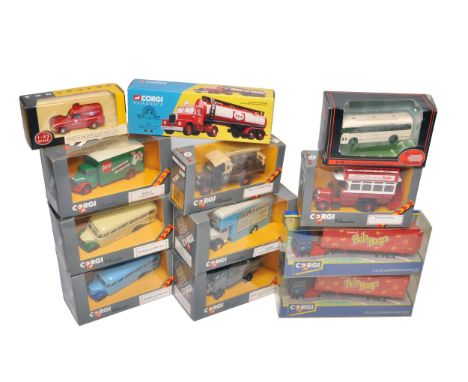 A group of 12 x Corgi inc Classics and EFE die-cast model vehicles, including trucks, buses, and delivery vans. Notable model