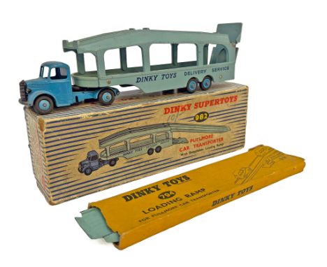 A Dinky Supertoys No. 982 Pullmore Car Transporter in blue and grey livery, marked “Dinky Toys Delivery Service”, together wi