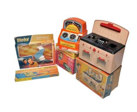 A group of five vintage toys including a boxed Dinky 'Klingon Battle Cruiser' from Star Trek, a boxed Matchbox Superfast SF-2