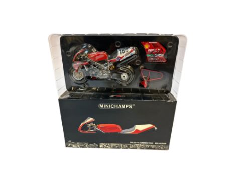 A Minichamps 1:12 scale die-cast model of the Ducati 996 Superbike as raced by Ben Bostrom in the 2000 World Superbike Champi