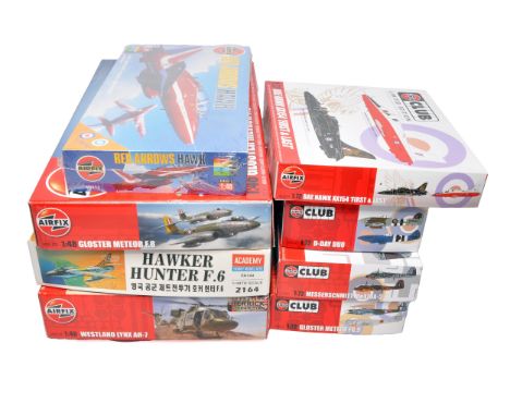 A group of eight boxed aircraft model kits including:Airfix 1:48 Gloster Meteor F.8, Westland Lynx AH.7, Red Arrows Hawk, and