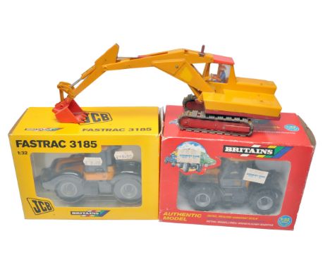 Britains 1/32 farm model issues comprising duo of JCB Fastracs, storage wear to boxes plus loose playworn JCB Excavator.