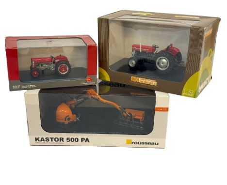 Trio of Universal Hobbies 1/32 and 1/43 Farm model issues comprising Massey Ferguson 135, Rosseau hedgecutter and one other M
