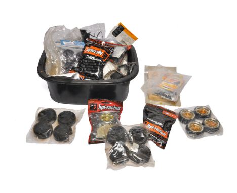 A mixed lot of RC car parts and accessories, including various sets of wheels and tyres, many from HPI Racing. Several items 