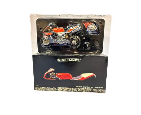 A Minichamps 1:12 scale die-cast model of the Ducati 996RS Superbike as ridden by Neil Hodgson in 2001. Signed. Excellent in 