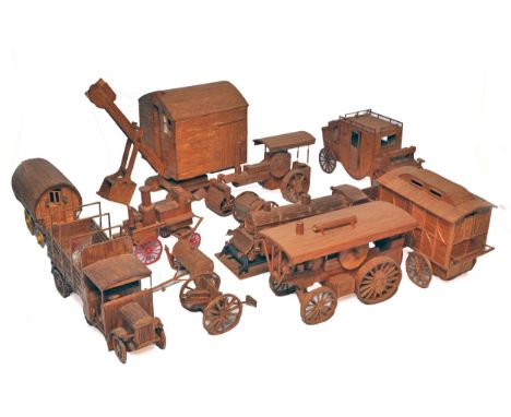 A collection of hand-built wooden models, mostly approx 1/12 to 1/16 scale. Delicately constructed into various vintage theme