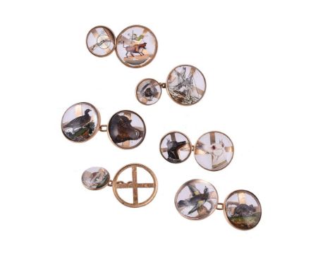 A small collection of early 20th century reverse painted intaglio cufflinks, all with belcher link connectors, the first cuff
