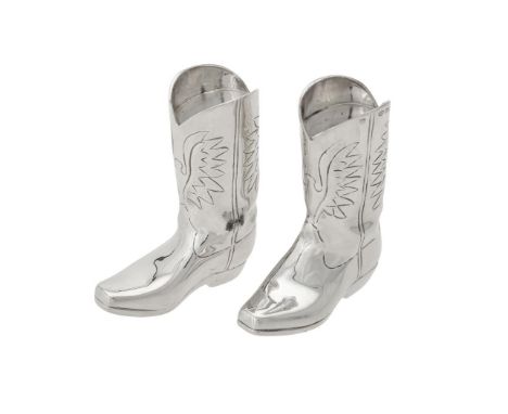 A pair of silver novelty cowboy boot salt and pepper shakers, sponsor's mark for Theo Fennell, import mark for London 1994, 8