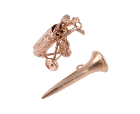 Two 9 carat gold golfing charms, the golf caddy holding various clubs, with an indistinct Birmingham hallmark, 2.6cm long; to