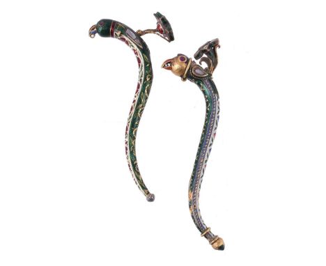 Two diamond and meenakari parrot Turra, the polychrome enamelled turban ornaments each with a parrot head terminal, with cabo