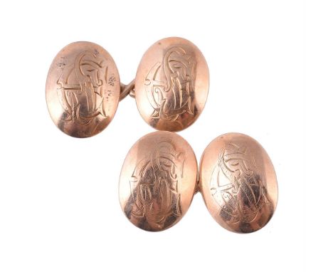 A pair of Victorian matched 15 carat gold cufflinks, the oval panels engraved with gothic style initials ES, one hallmarked B