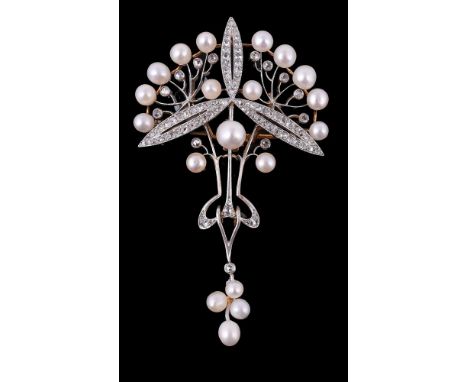 An Art Nouveau pearl and diamond brooch/pendant, circa 1905, the pierced panel in the form of two cow parsley flower heads se