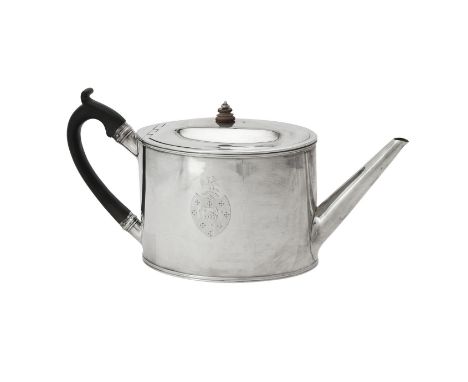 Y A George III silver straight sided oval tea pot by William Vincent, London 1788, with a turned wood finial and a loop handl