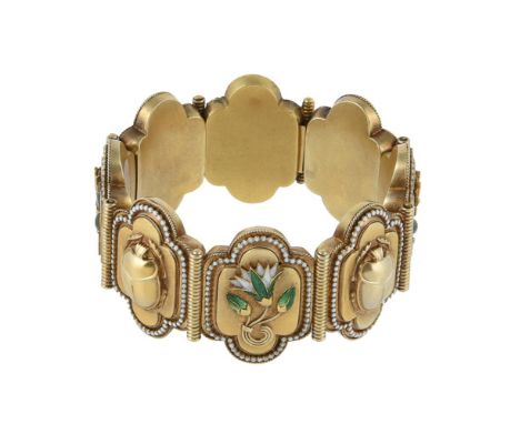 A mid Victorian silver gilt archaeological revival bracelet, circa 1870, the shaped panels with alternating green and white e