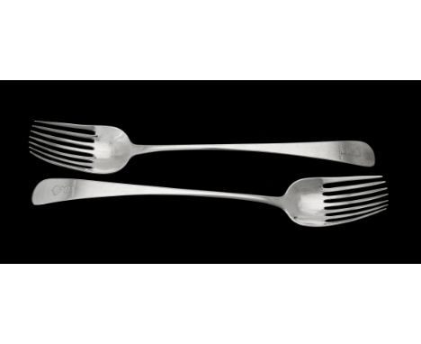 A pair of George III Irish silver Old English pattern potato forks by Michael Keating, Dublin 1776, engraved with the Conolly