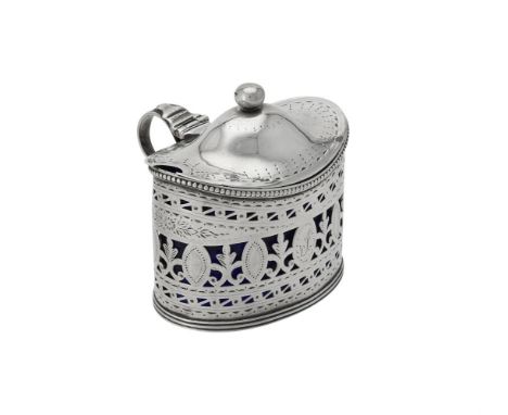 A George III silver oval mustard by Robert Hennell, London 1786, with a ball finial to the domed cover, a scroll handle, a be