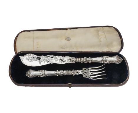A pair of cased Victorian silver fish servers by Hilliard & Thomason, Birmingham 1861, with foliate and scroll handles, engra