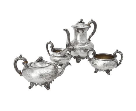 Y A Victorian silver baluster four piece tea set by Joseph & Albert Savory, London 1840, the tea pot by with a bud finial to 