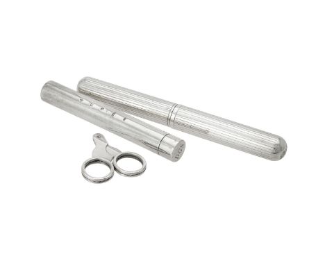 A silver cigar tube by A. J. Poole, Birmingham 2000, the cover engraved DGS, 14cm (5 1/2in) long; an Italian silver coloured 