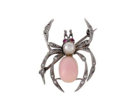 An early 20th century conch pearl, diamond, ruby and pearl spider brooch, the spider with a conch pearl abdomen, 10.5mm long,