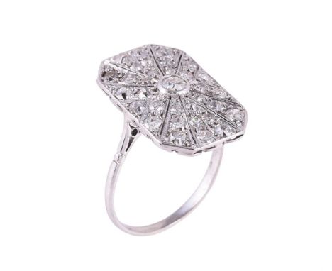 An Art Deco diamond panel ring, circa 1930, the octagonal pierced panel set with graduated radiating rows of old cut and eigh