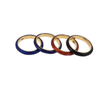 Four enamelled band rings, each band enamelled with a colour, one red, two blue and one black, each stamped 750 with Italian 