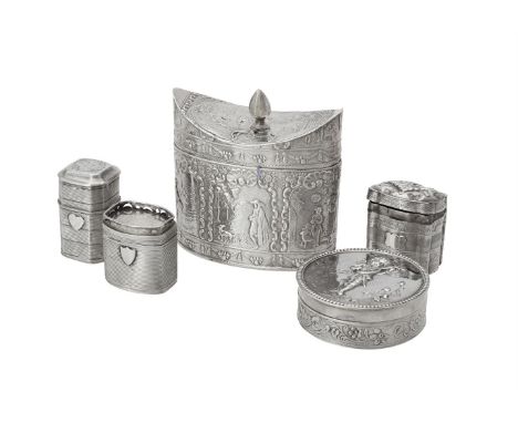 A Dutch silver oval tea caddy, .930 standard, import mark for London 1890, with a come finial, chased with figures, C-scrolls