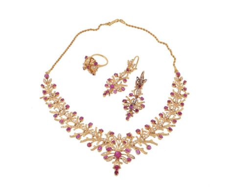 A ruby and half cultured pearl necklace, ring and earring suite, the necklace with articulated textured branch like panels wi