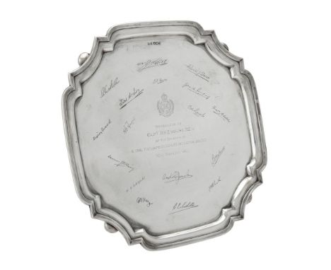 A silver shaped square salver by Walker & Hall, Sheffield 1940, with a raised moulded border, engraved with a Royal Engineers