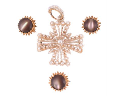Y A suite of three mid Victorian stained mother of pearl brooches, circa 1870, the circular grey stained mother of pearl pane