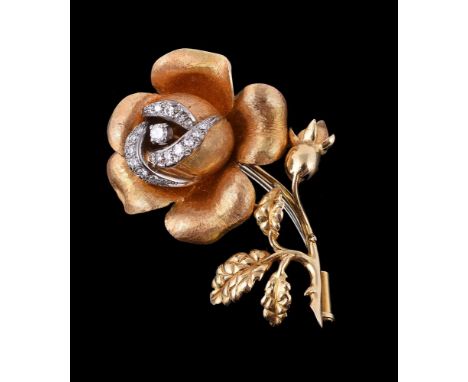 A second half of the 20th century American diamond rose brooch, the gold coloured flowering rose with graduated eight cut dia