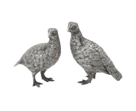 A pair of cast silver models of quails by Tessiers Ltd., London 1985, the tallest 9cm (3 1/2in) high, 354g (11.35 oz) Conditi