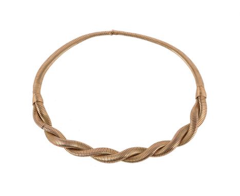 A mid 20th century flattened gas pipe link necklace, the flattened gas pipe link necklace to a woven front panel, stamped 750