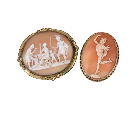 A mid Victorian shell cameo brooch, circa 1870, the oval shell panel carved with Mars, Venus and Cupid at Vulcans forge, in a